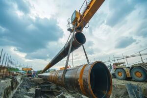 Pipe lift construction, the crane lifts the pipe segment with wire rope sling.