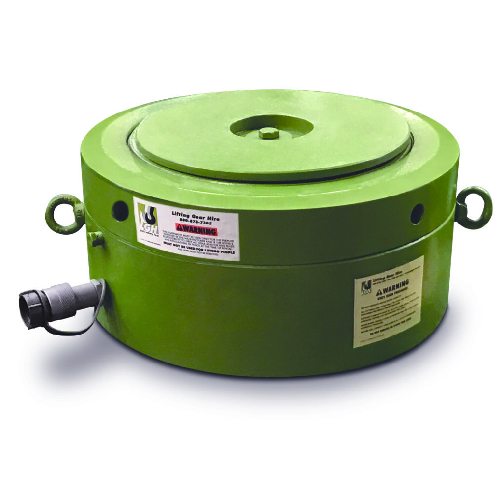 Product picture of an Enerpac 500-ton CLP-5002 model hydraulic cylinder rental from LGH, also known as a pancake jack.