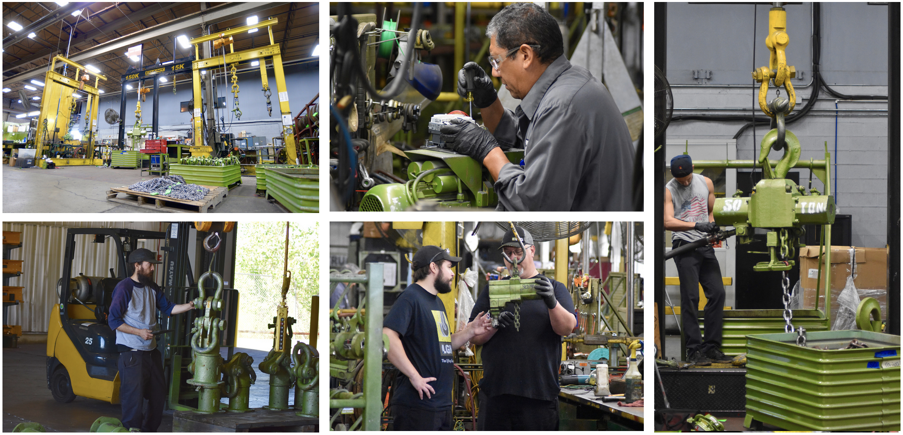 Collage of pictures showcasing our warehouse and staff testing and certifying LGH equipment before it leaves our warehouse.