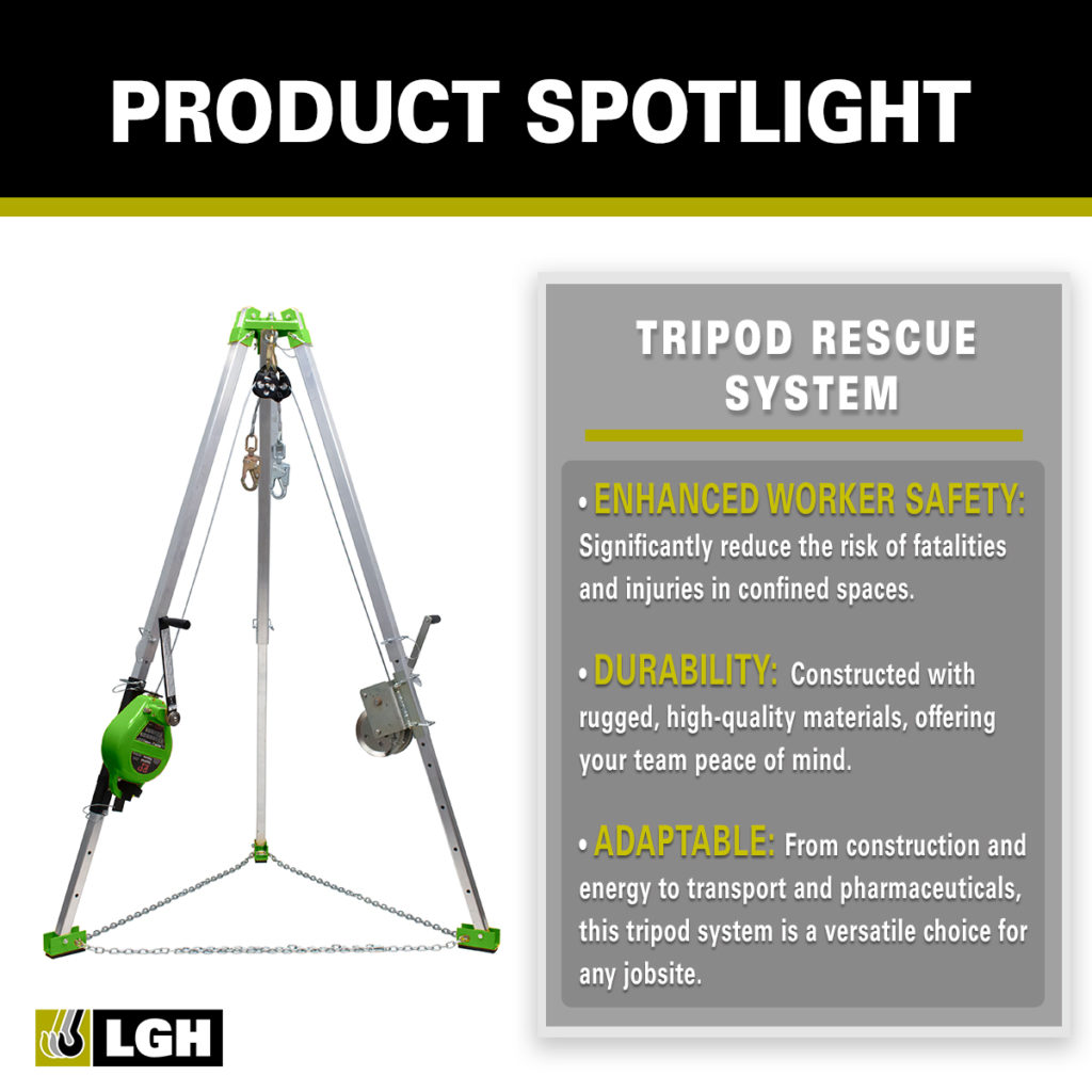 This graphic highlights some of the key features and benefits of a Confined Space Tripod Rescue System from LGH.
