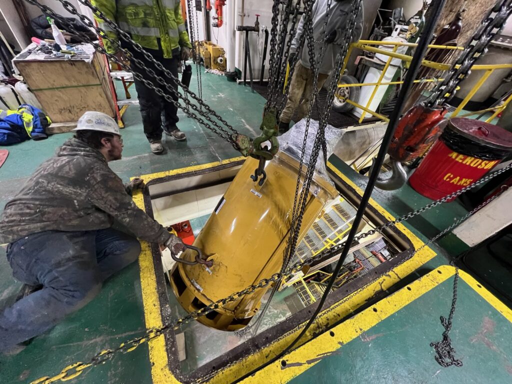A heavy duty generator removal and installation aboard a ship, using hoists from LGH.
