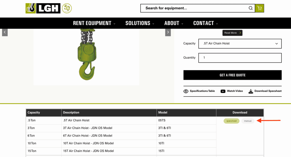 screenshot demonstrating how to find the operations manual download for a piece of equipment on the LGH website
